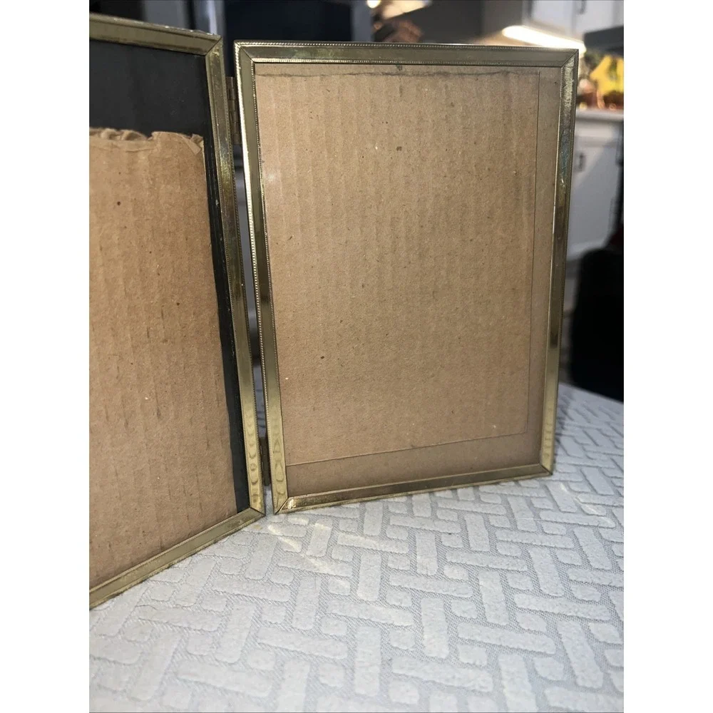 Antique Double Picture Frame vintage gold ART DECO 40s folding hinged FITS 5 x 7